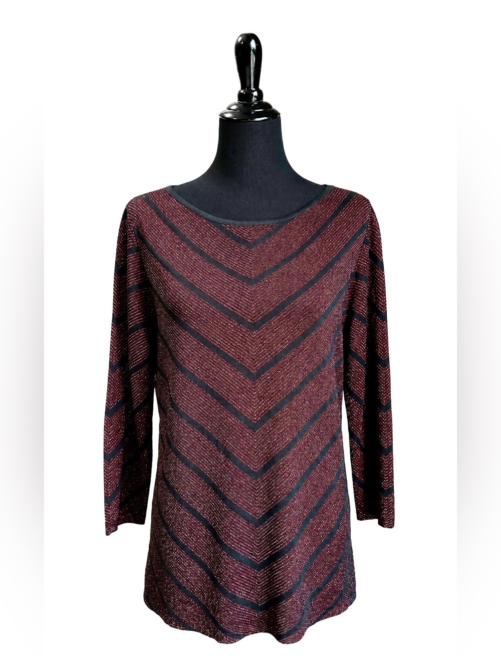 Jones NY Metallic Chevron Sweater 0X Plus Maroon Black Glitter Sparkle Top